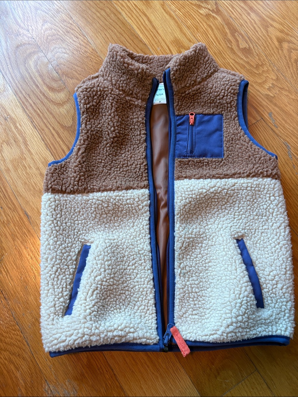 Carter's Brown & Cream Colorblock Sherpa Puffer Vest with Blue Trim - NWOT